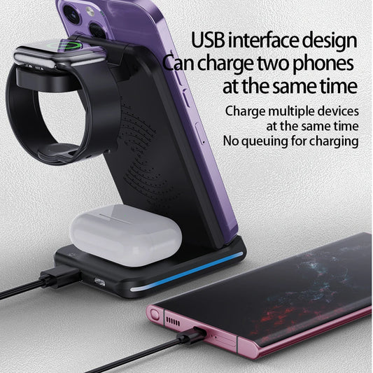 Support Multifonction – Chargeur Wireless 5-en-1 pour Téléphone, Montre et Écouteurs, Pliable et Éclairé