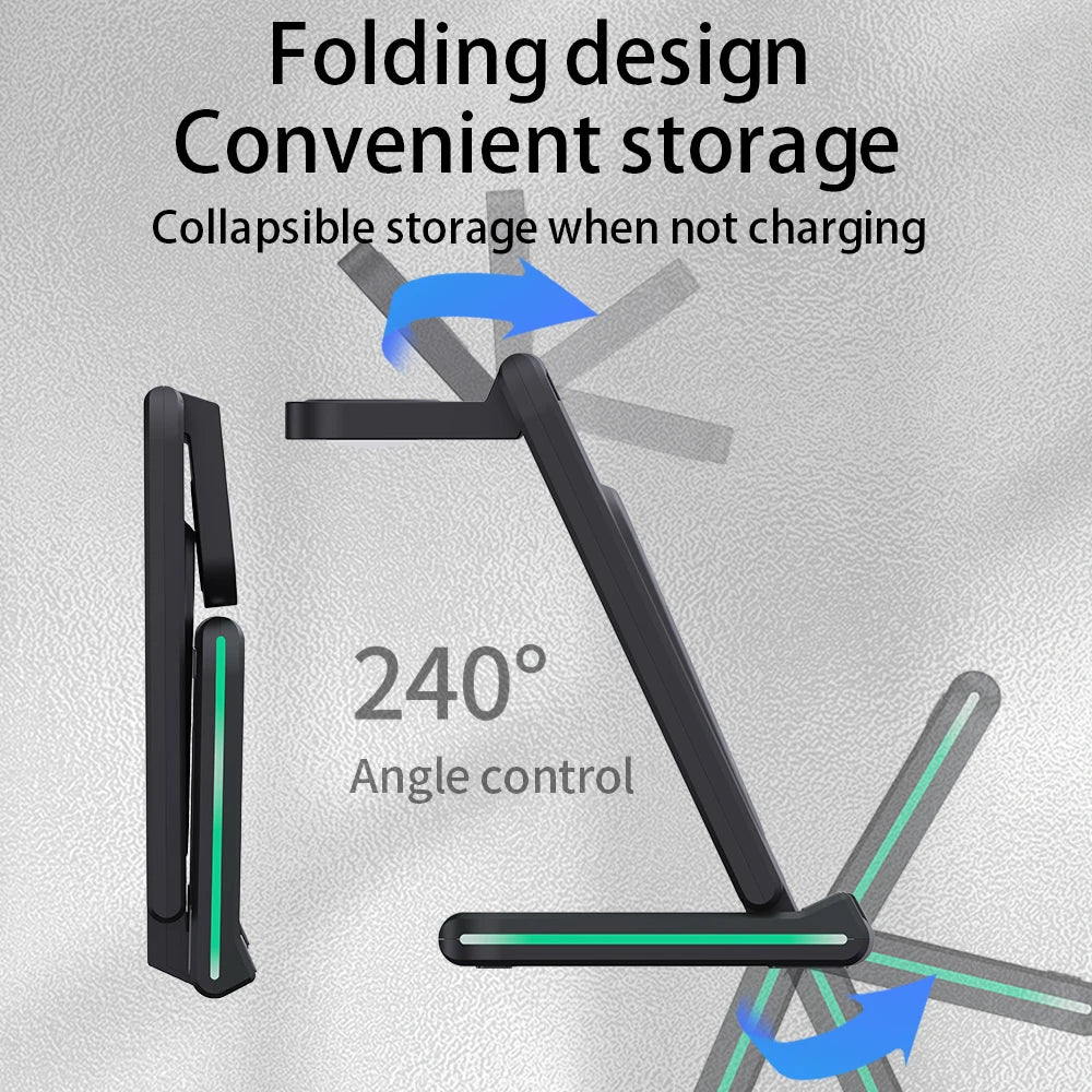 Support Multifonction – Chargeur Wireless 5-en-1 pour Téléphone, Montre et Écouteurs, Pliable et Éclairé
