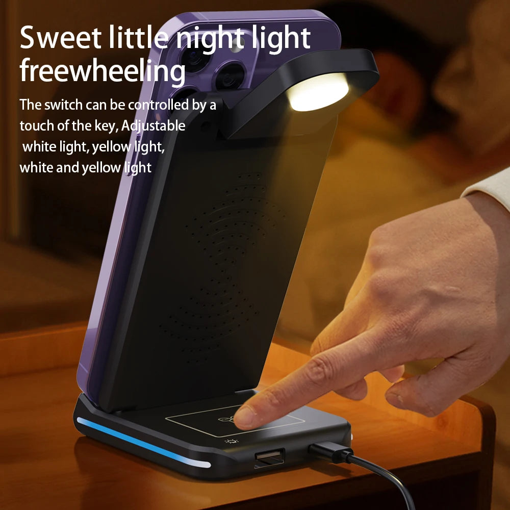 Support Multifonction – Chargeur Wireless 5-en-1 pour Téléphone, Montre et Écouteurs, Pliable et Éclairé