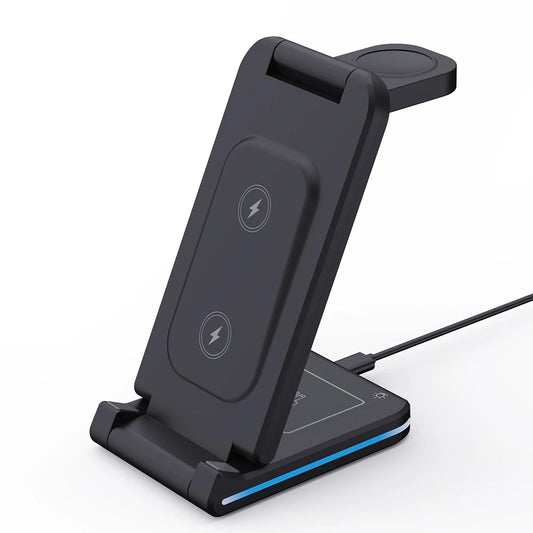 Support Multifonction – Chargeur Wireless 5-en-1 pour Téléphone, Montre et Écouteurs, Pliable et Éclairé